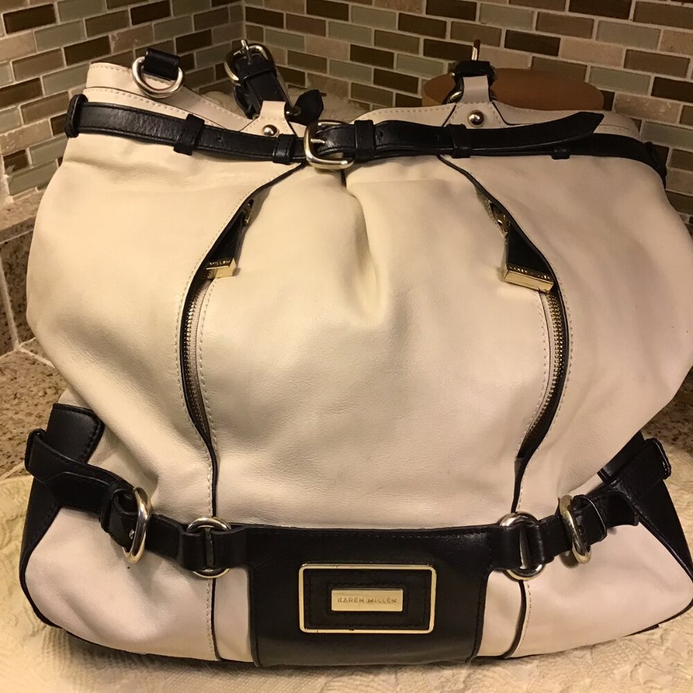 Karen Millen Beige Black Leather Two Handle Classic Tote Bag Large -MINT!
